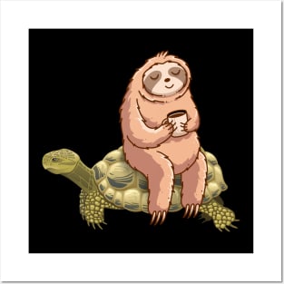 Speed is Relative Funny Sloth with coffee on a Turtle, funny shirt Posters and Art